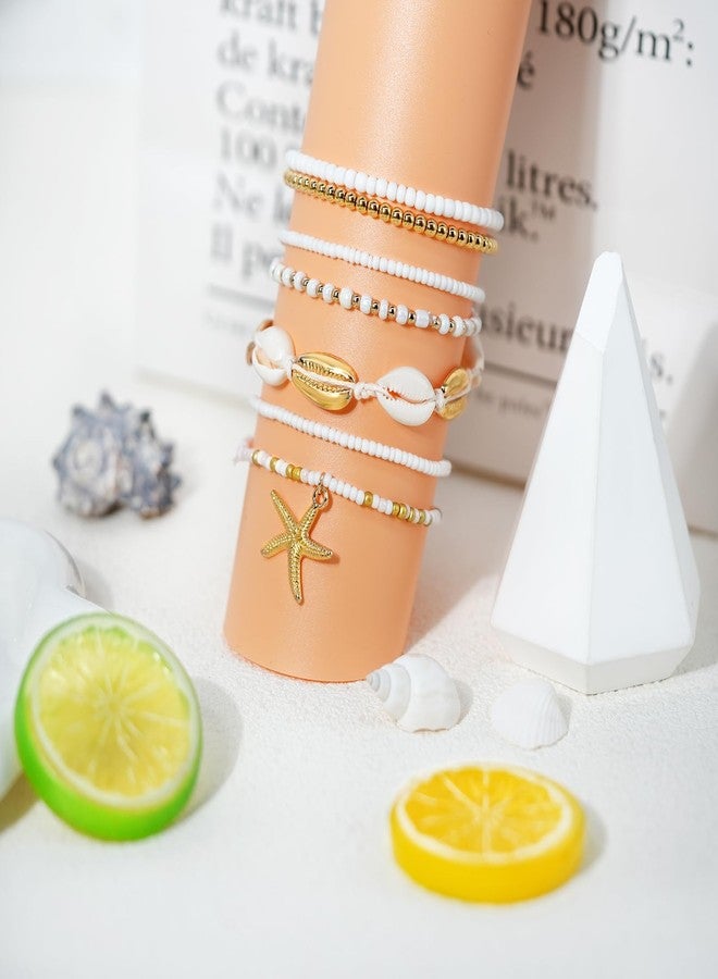 Palotay Summer Beach Bracelets Bohomian Seashell Starfish Bracelet Handmade Braided Shell Beaded Bracelets Set Stretch Waterproof Surfer Bracelet for Women Vacation Jewelry Tropical Gold - Image 5